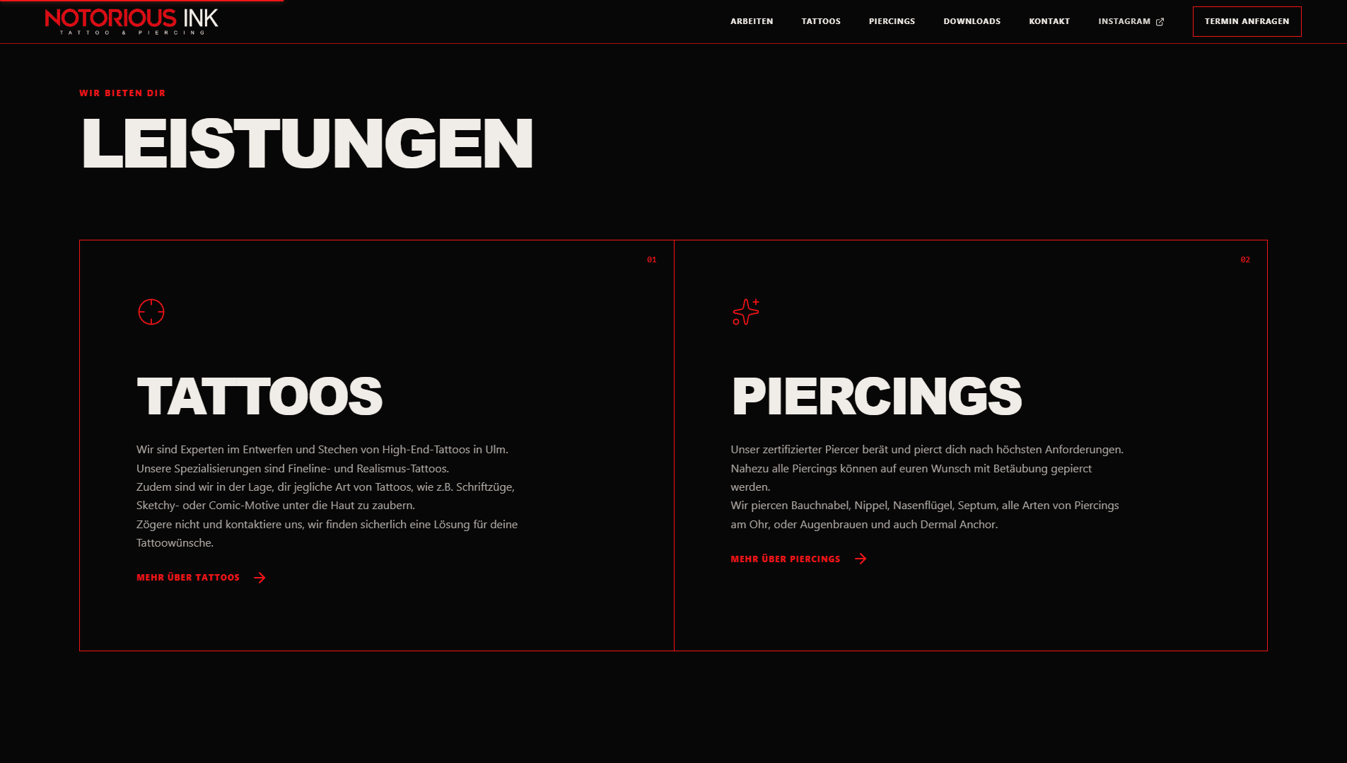 Screenshot des Demo-Konzepts Notorious Ink: Leistungsseite mit zwei Bereichen für Tattoos und Piercings, rot umrandet.